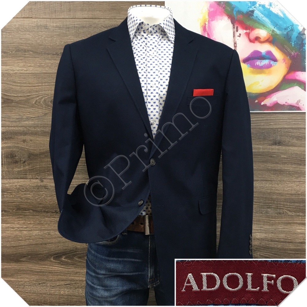 ADOLFO Mens Navy Cotton Blazer Sport Coat Casual Jacket Size 48R Classic Suit